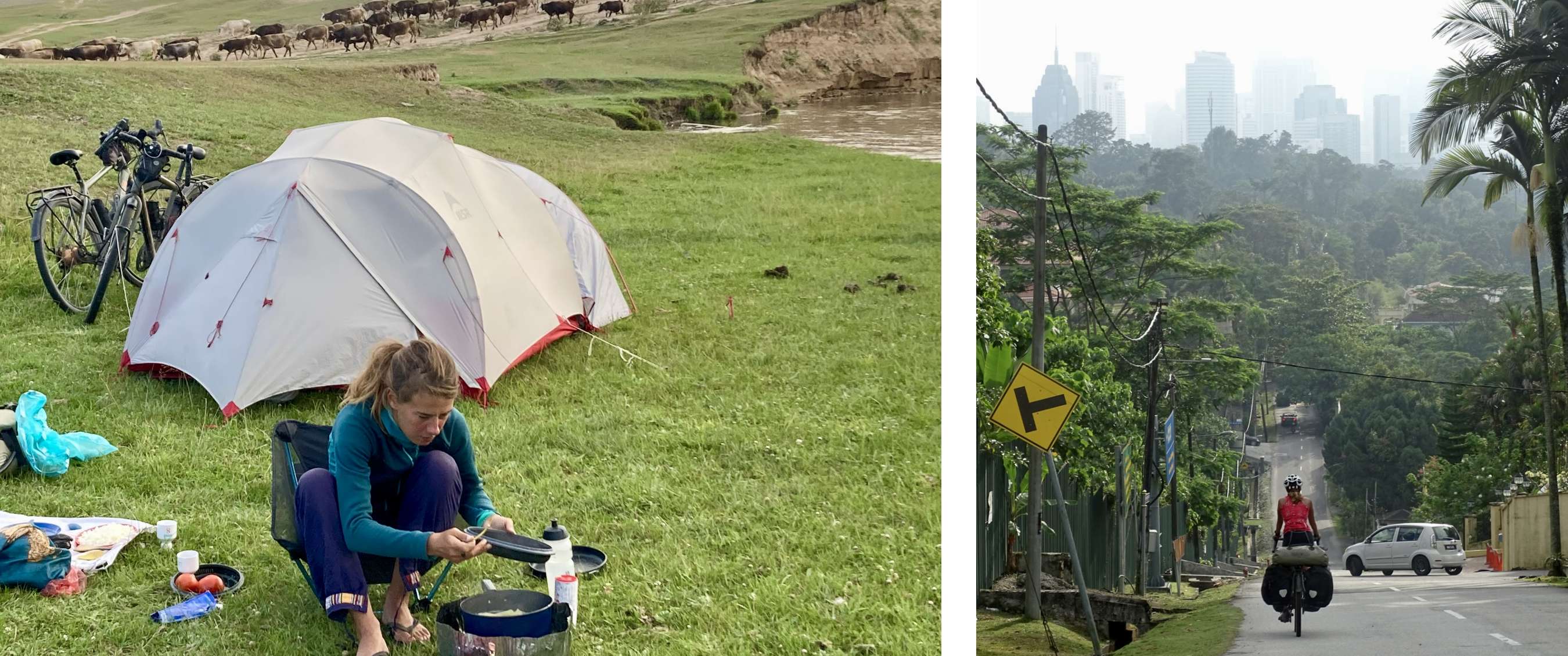 Marie kookt voor haar tent naast een fiets, terwijl een kudde vee op de achtergrond passeert.