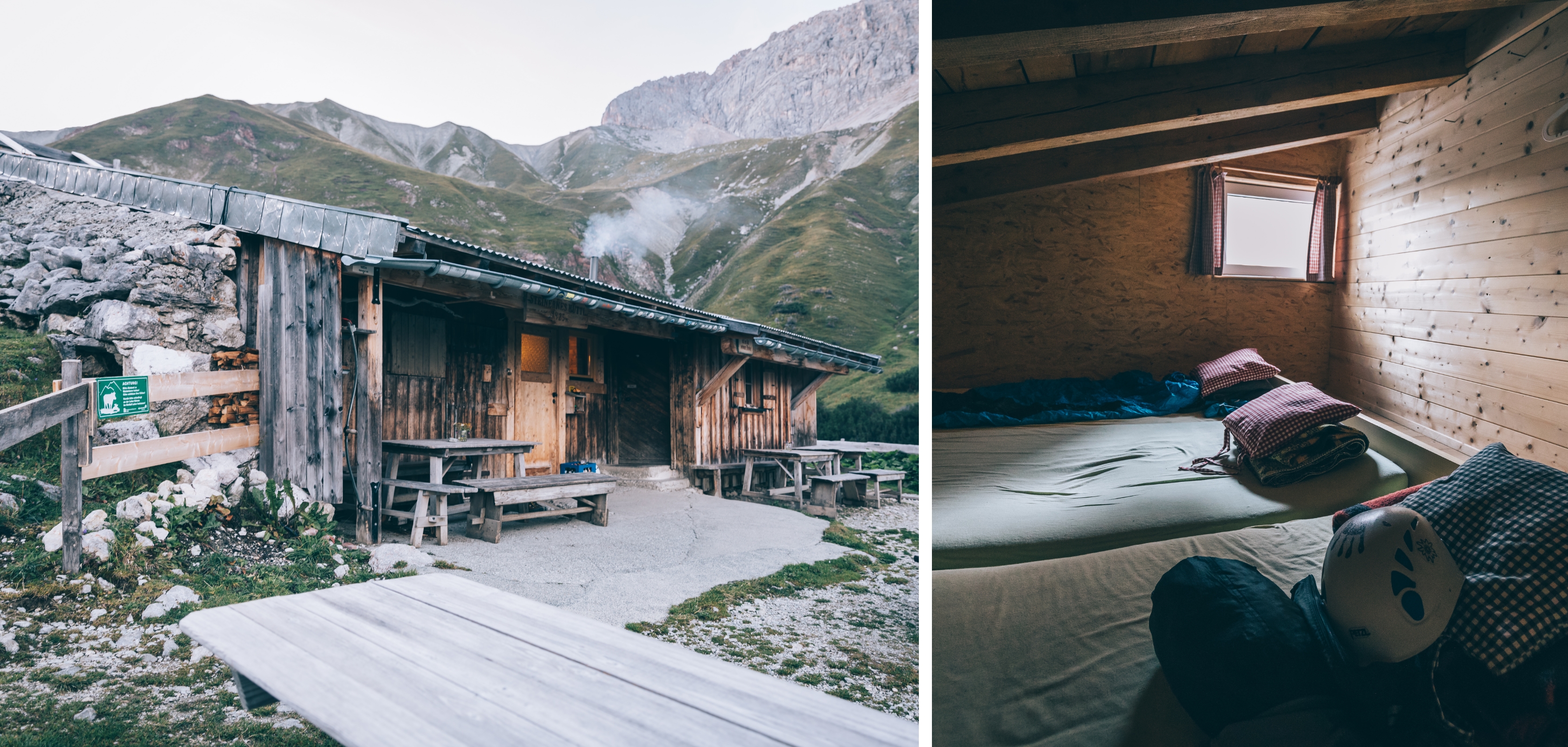 Des lits dans la cabane lors d’une randonnée de refuge en refuge en Autriche / Le Steinernes Hüttl en Autriche